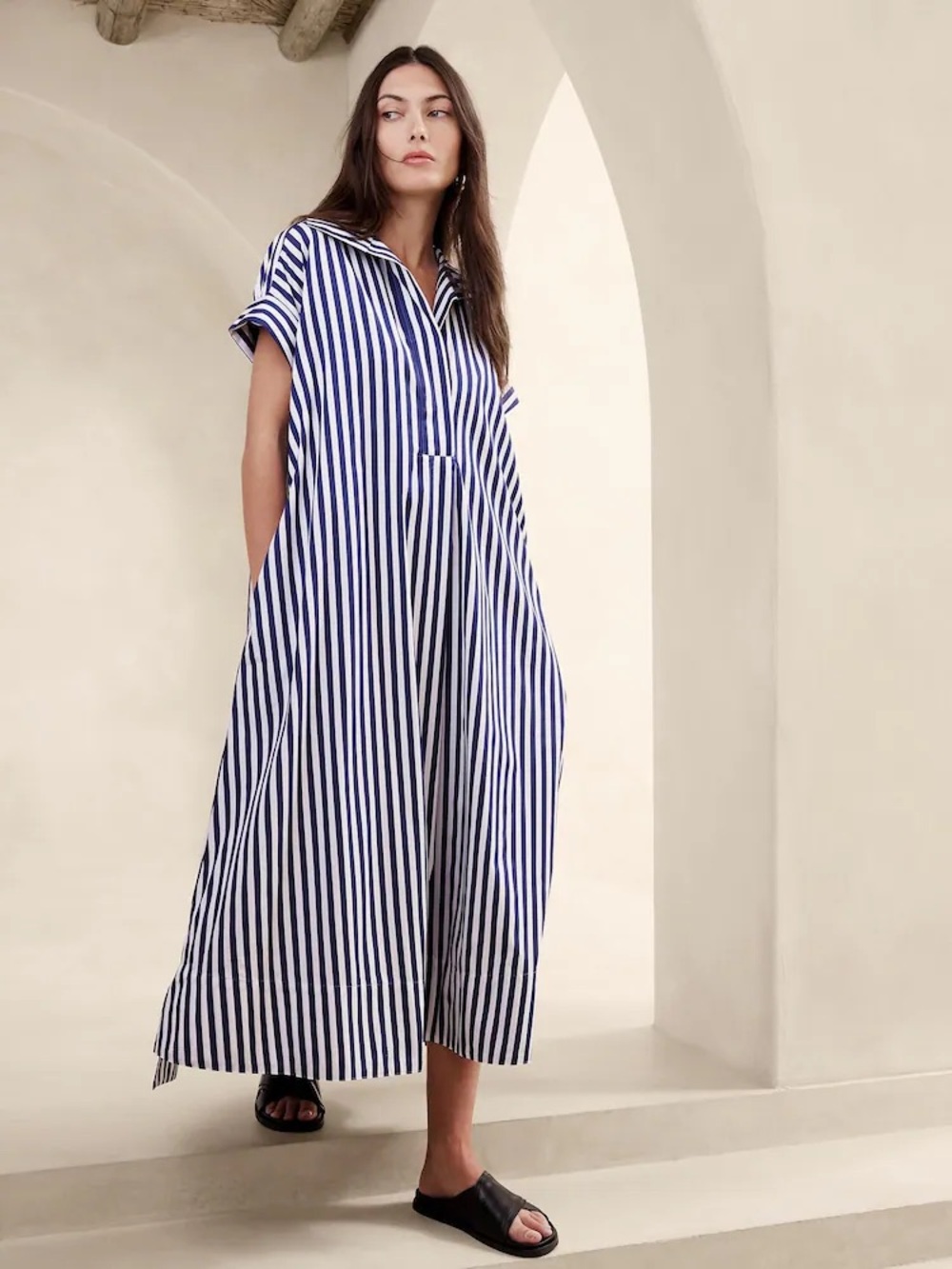 Banana Republic NWT Blue/White Striped Cruz Poplin Maxi Dress XS/S - Picture 1 of 5